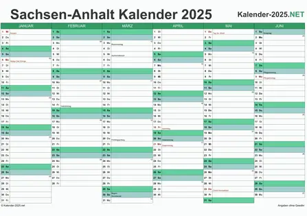 Vorschau Halbjahreskalender 2025 für EXCEL Sachsen-Anhalt