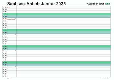 Vorschau Monatskalender 2025 für EXCEL Sachsen-Anhalt