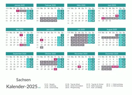 Ferien 2025 + Feiertage zum Ausdrucken - Sachsen Vorschau