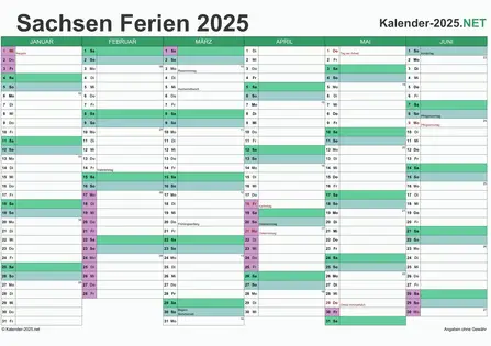 Halbjahreskalender 2025 zum Ausdrucken zum Ausdrucken - mit FerienSachsen Vorschau