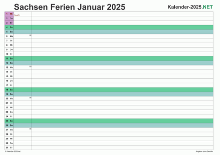 Vorschau EXCEL-Monatskalender 2025 mit den Ferien Sachsen