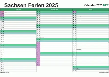 Quartalskalender mit Ferien Sachsen 2025 Vorschau