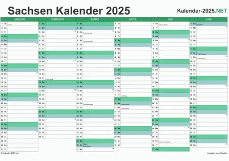 Vorschau Halbjahreskalender 2025 für EXCEL Sachsen