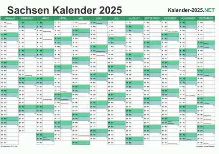 Vorschau Kalender 2025 für EXCEL mit Feiertagen Sachsen