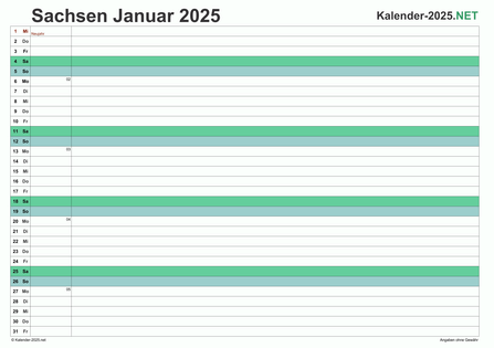 Vorschau Monatskalender 2025 für EXCEL Sachsen