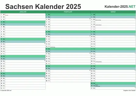 Vorschau Quartalskalender 2025 für EXCEL Sachsen