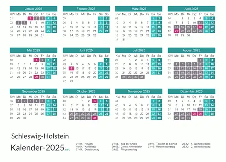 Kalender mit Ferien Schleswig-Holstein 2025 Vorschau