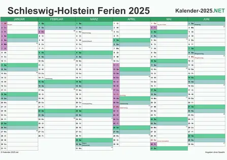 Vorschau EXCEL-Halbjahreskalender 2025 mit den Ferien Schleswig-Holstein