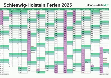 Vorschau EXCEL-Kalender 2025 mit den Ferien Schleswig-Holstein