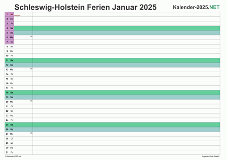 Monatskalender 2025 zum Ausdrucken zum Ausdrucken - mit FerienSchleswig-Holstein Vorschau