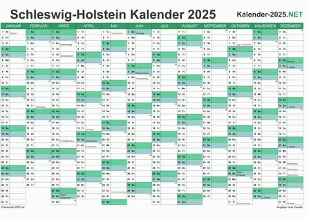 Vorschau Kalender 2025 für EXCEL mit Feiertagen Schleswig-Holstein