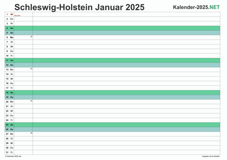 Vorschau Monatskalender 2025 für EXCEL Schleswig-Holstein