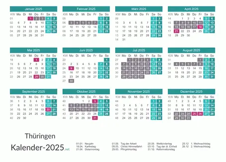 Ferien 2025 + Feiertage zum Ausdrucken - Thüringen Vorschau