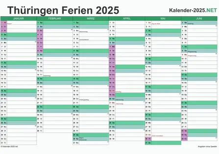 Halbjahreskalender mit Ferien Thüringen 2025 Vorschau