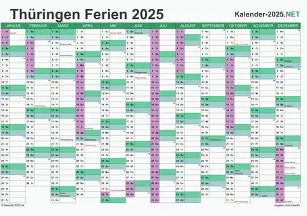 Kalender 2025 zum Ausdrucken zum Ausdrucken - mit FerienThüringen Vorschau