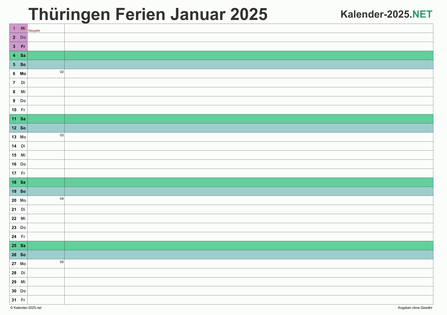 Vorschau EXCEL-Monatskalender 2025 mit den Ferien Thüringen