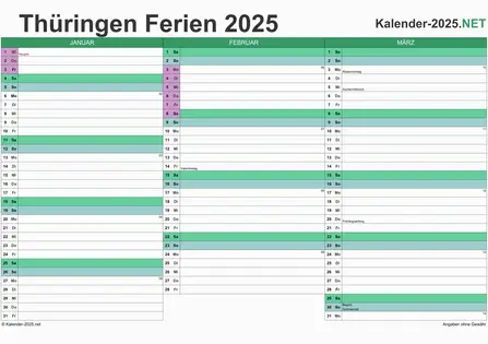 Vorschau EXCEL-Quartalskalender 2025 mit den Ferien Thüringen