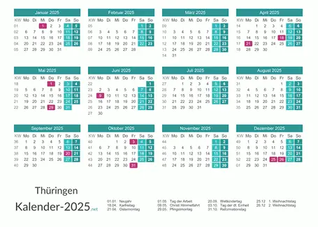 Thüringen Kalender 2025 + Feiertage Vorschau