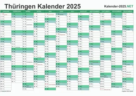 Vorschau Kalender 2025 für EXCEL mit Feiertagen Thüringen