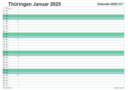 Vorschau Monatskalender 2025 für EXCEL Thüringen