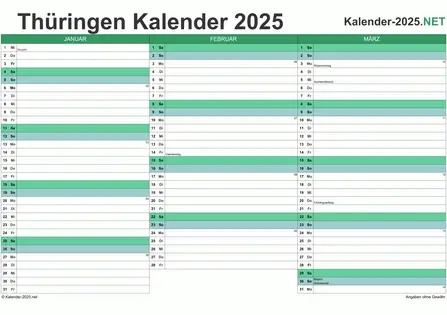 Vorschau Quartalskalender 2025 für EXCEL Thüringen